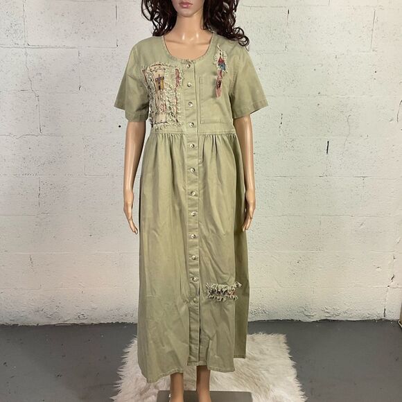 Sunbelt Vintage 80’s Green Patchwork Button Front Short Sleeve Maxi Dress S - Picture 3 of 7